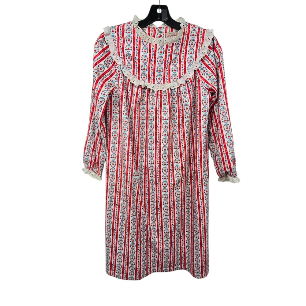 Lanz Of Salzburg Girls Floral‎ Nightgown Sz 10-12 Logo Print Eyelet Trim Prairie